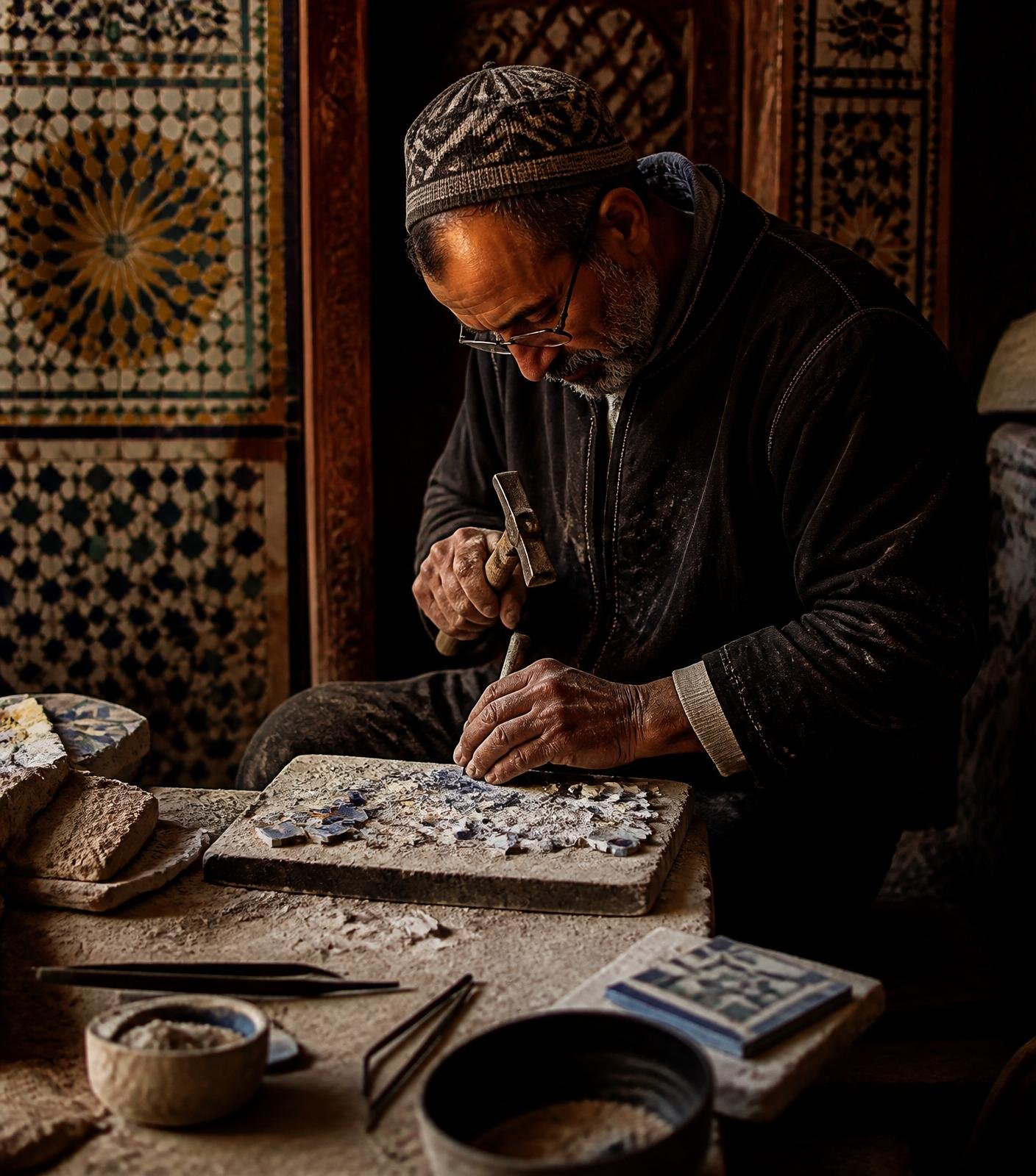 Master artisan chiselling a zellige tile in Fez