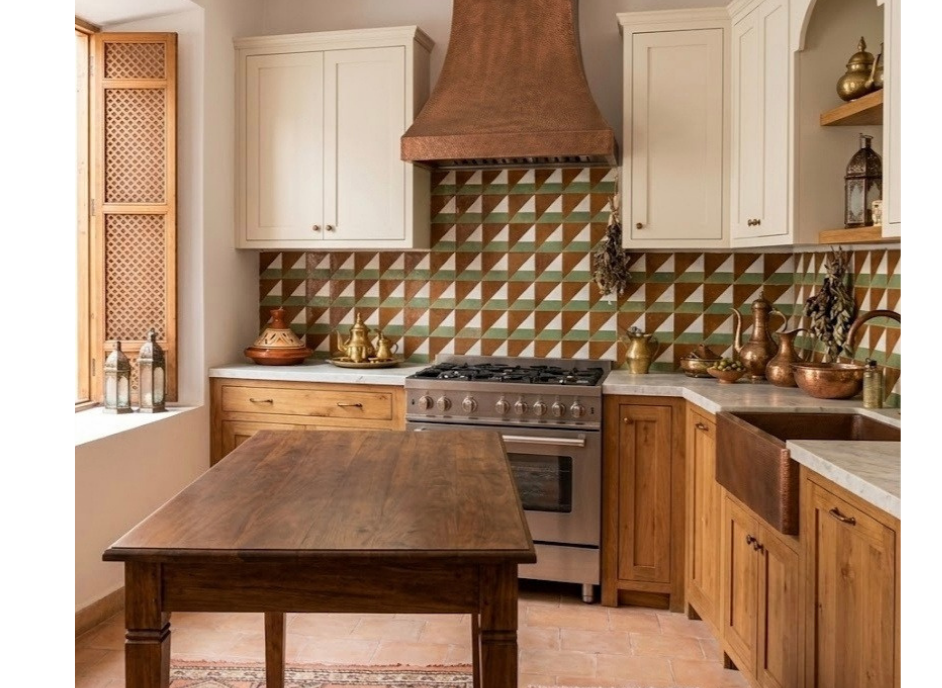 Olive and terracotta triangle zellige kitchen backsplash